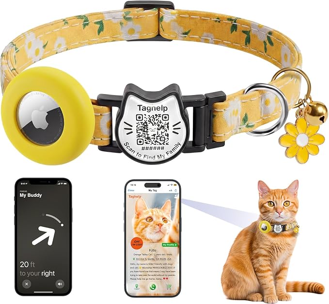 Breakaway Cat Collar with QR Code ID & AirTag Holder, Adjustable Cotton Kitten by Taghelp