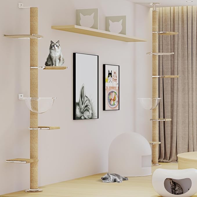 Floor to Ceiling Cat Tree, Acrylic Top Support PlateTall Cat Tower Natural - Image 8