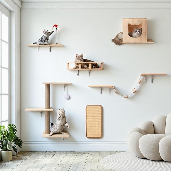 Cat Wall Shelves, Solid Wooden Wall-Mounted Cat Furniture, Steps and Scratcher by %E2%80%8B%E2%80%8BPawCozy%E2%80%8B%E2%80%8B