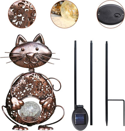 KAIXOXIN Garden Solar Lights Metal Cat Crackle Glass Globe Stake Light - Image 6