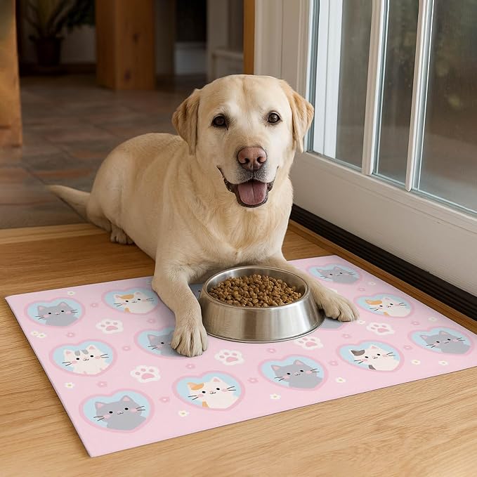 Cat Feeding Mat 24x16 inch Pink Heart Kitten Print Pet Bowl Placemat Non Slip - Image 4