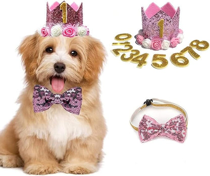 Pet Birthday Hat, Dog Birthday Crown Hat and Bowtie by Elionless