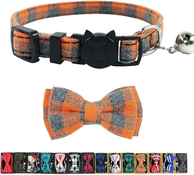 Cat Collars Breakaway with Bell and Bow Tie, Plaid Design Adjustable Safety by Ximipet