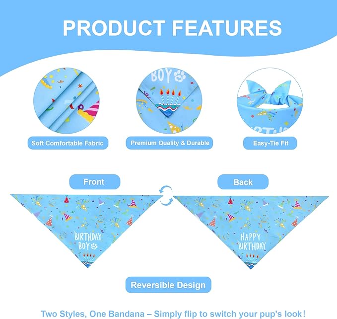Dog Birthday Bandana Boy for Small Dogs, Reversible 2 Patterns in 1, Happy - Image 3
