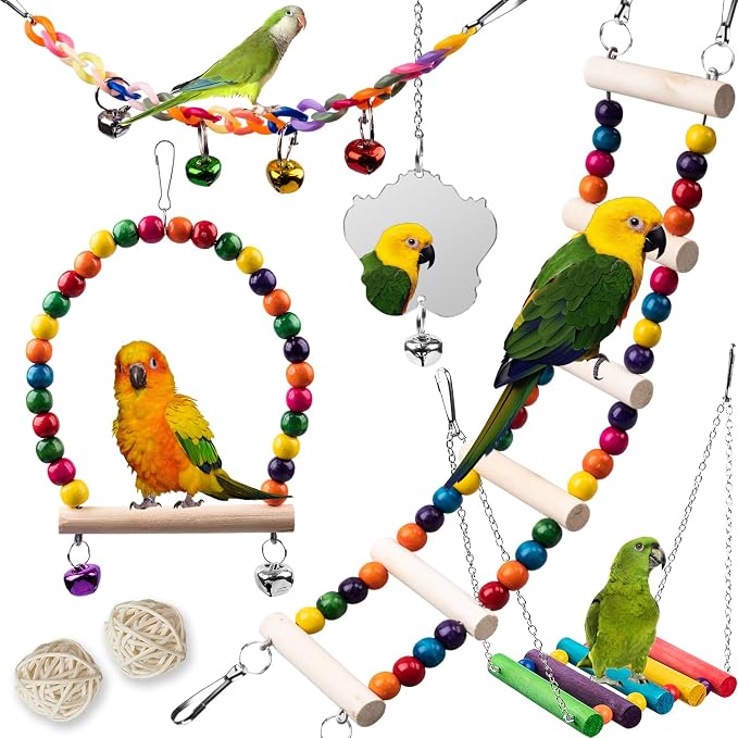 Bird Toys for Parakeets 7Pcs, Wood Parrots Budgie Cage Accessories, Bird Perch by JINJINANV