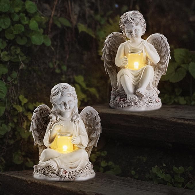 2 Pack Outdoor Angel Statue Garden Decor, Classic Solar Angel Figurine - Image 5