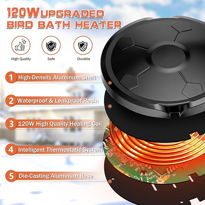 Daoeny Bird Bath Heater, 120W Bird Bath Heaters - Image 3