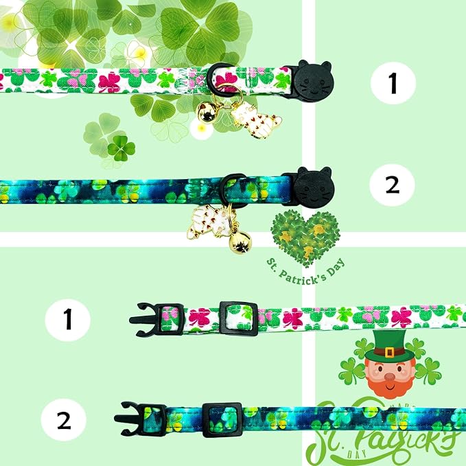 Elegant little tail St Patrick's 2 Pack Cat Collar- Trefoil Print Cotton - Image 3