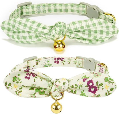 Bowtie Cat Collar with Bell, 2 Pack Cotton Breakaway Kitten Collars with by YUDOTE