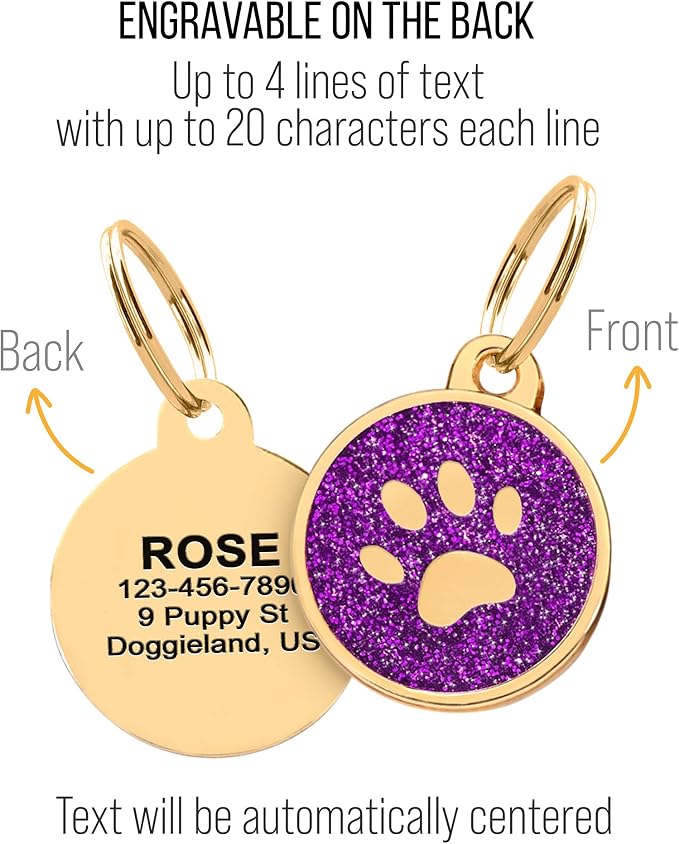 Paw Shape Dog ID Tag Stainless Steel Custom Laser Engraved, Cute Bling Glitter - Image 5