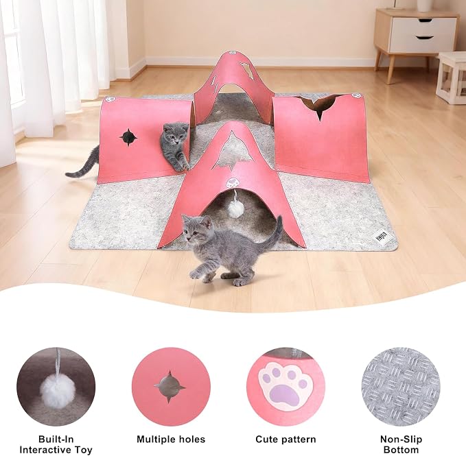 Interactive Cat Tunnel Mat for Indoor Cats, 4-Way Felt Cat Cave - Image 6