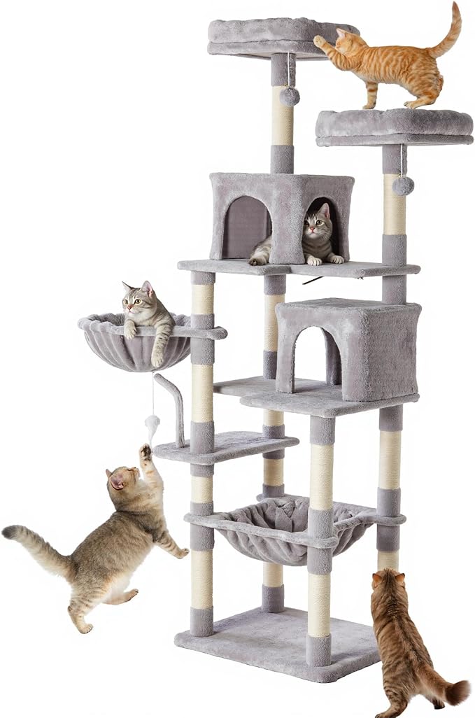 Large Cat Tree 71 Inch, Sisal Scratching Posts and Hammock, Pet Play House by Aidoly