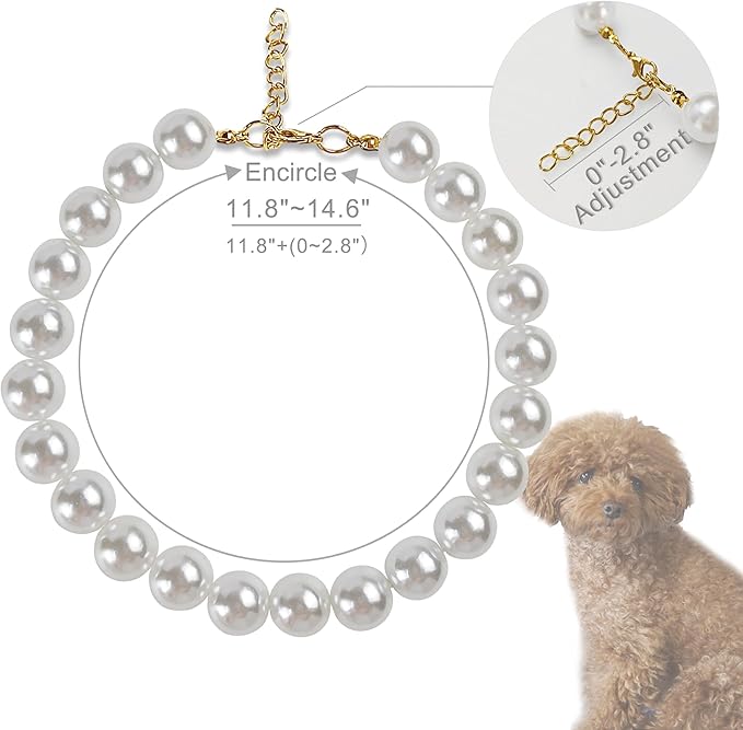 Chunky Pearl Dog Collar for Small Dogs Cats, Adjustable Beaded Dog Collar - Image 2