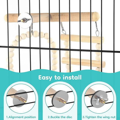 5in1 Bird Perch Ladder with Swing, Natural Wood Parrot Perches Platform with - Image 4