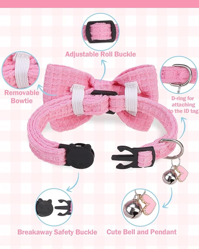 Cat Collar Breakaway with Bells, Soft Cotton Pink Cat Bowtie Collar - Image 2