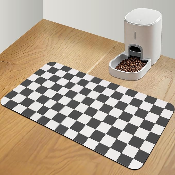 Checkered Dog Food Mat, Absorbent Leak-Proof Pet Feeding Mat, Quick Dry Cat by CooRug