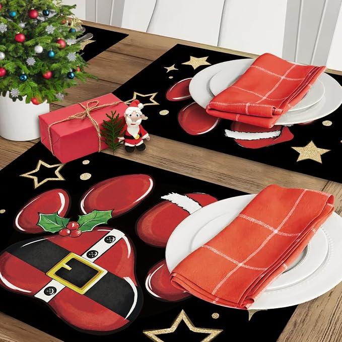 Christmas Dog Cat Paw Prints Placemats Set of 4, Xmas Stars Dining Place Mats - Image 6