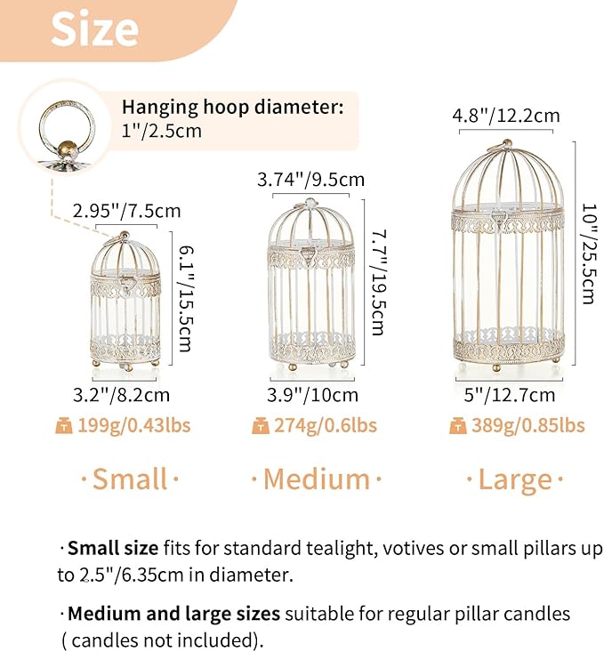NUPTIO Decorative Candle Lanterns White: 3 Pcs Distressed White Metal Bird Cage - Image 6