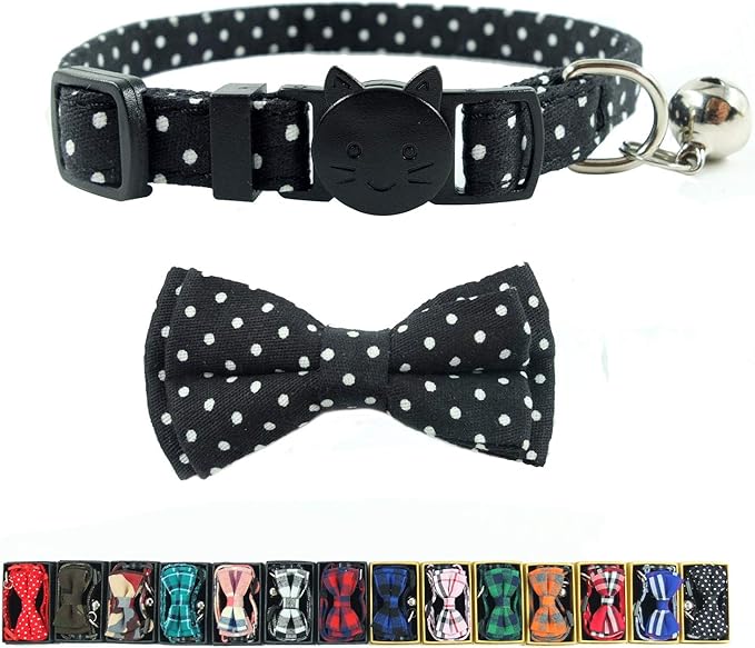 Cat Collar with Bell and Bow Tie, Breakaway Clasp Cute Dots Kitty Kitten by Ximipet