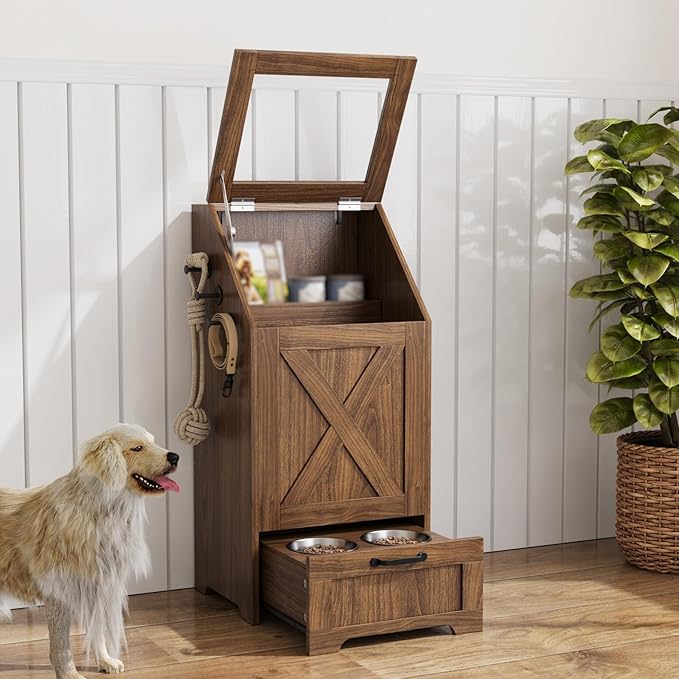 Dog Feeding Station with Storage Cabinet and 2 Elevated Dog Bowls, Hidden Pet by Unknown
