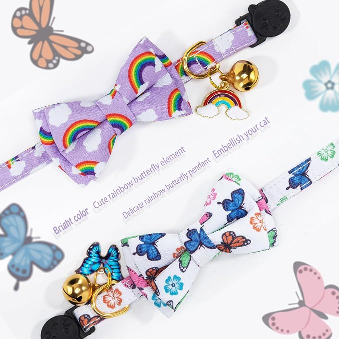 Breakaway Cat Collar with Cute Bow Tie Bell 2Pack Rainbow Butterfly Pattern - Image 3