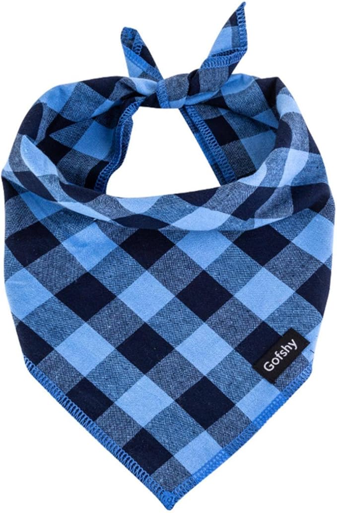 Boy Dog Bandana XLarge-Blue Black Dog Scarf Buffalo Plaid Printing Adjustable by Gofshy