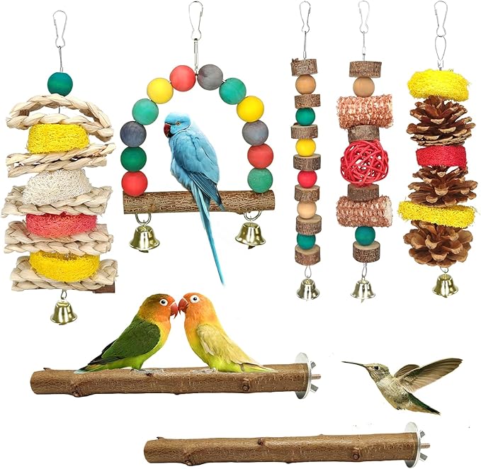 JOREWOOD 7 Pcs Natural Wood Bird Toy & Perch by JOREWOOD