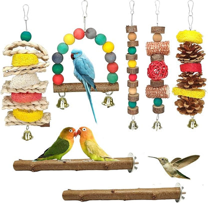 JOREWOOD 7 Pcs Natural Wood Bird Toy & Perch by JOREWOOD