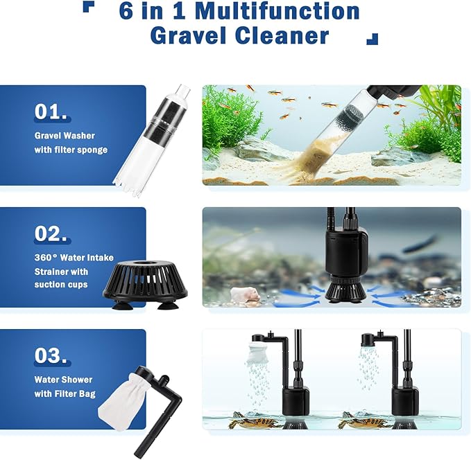 AQQA Aquarium Gravel Cleaner Kit, 6 in 1 Electric Fish Tank Vacuum Cleaning - Image 2