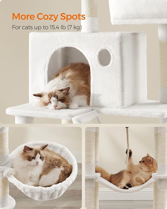 Feandrea Cat Tree, 81.1-Inch Large Cat Tower, 2 Perches, 2 Caves, Cream White - Image 4