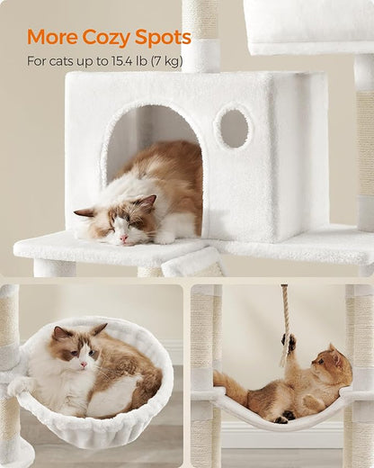Feandrea Cat Tree, 81.1-Inch Large Cat Tower, 2 Perches, 2 Caves, Cream White - Image 4