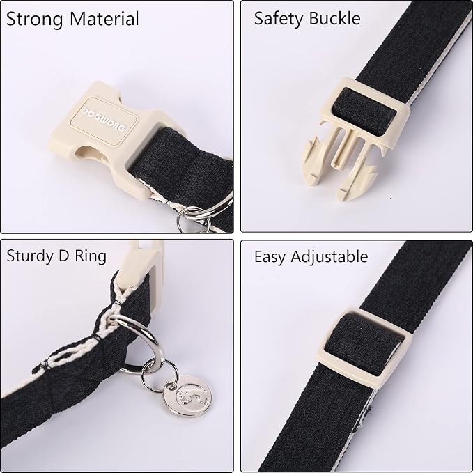 DOGWONG Cotton Hemp Dog Collar, Heavy-Duty Black Dog Collar Adjustable Soft - Image 2