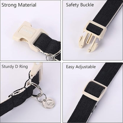DOGWONG Cotton Hemp Dog Collar, Heavy-Duty Black Dog Collar Adjustable Soft - Image 2