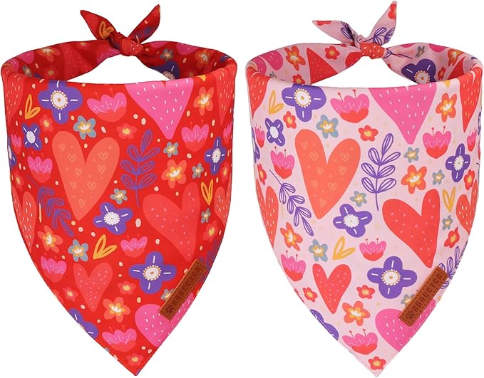 ADOGGYGO Valentines Dog Bandana 2 Pack, Heart and Floral Print Pet Scarf Bib by ADOGGYGO