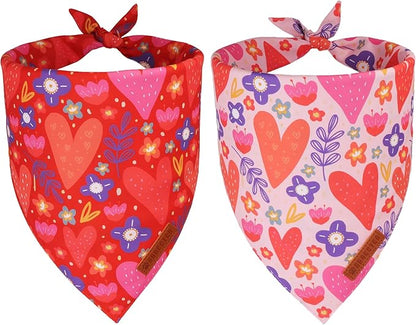 ADOGGYGO Valentines Dog Bandana 2 Pack, Heart and Floral Print Pet Scarf Bib by ADOGGYGO