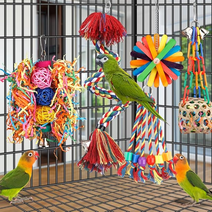 Bird Toys Rope Perch with Bell Colorful Bird Chewing Shredding Foraging Toys - Image 5