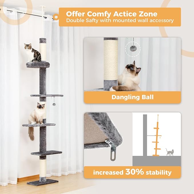 PETEPELA Cat Tower 5-Tier Floor to Ceiling Cat Tree Height Adjustable, Tall - Image 5