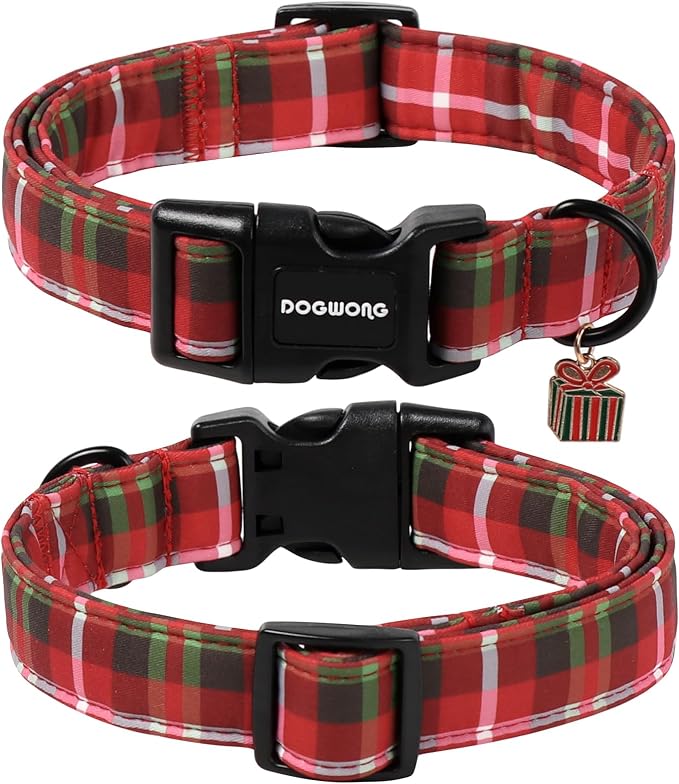 DOGWONG Christmas Plaid Dog Collar, Cute Adjustable Red Collar - Image 2