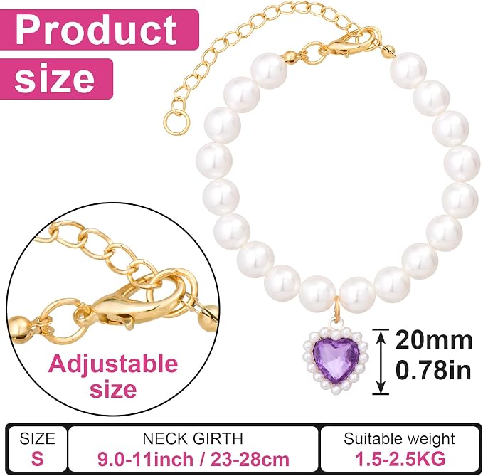 2pcs Cat Pearl Collar with Heart Pendant, Cute Pearl Pet Necklace in Small - Image 2