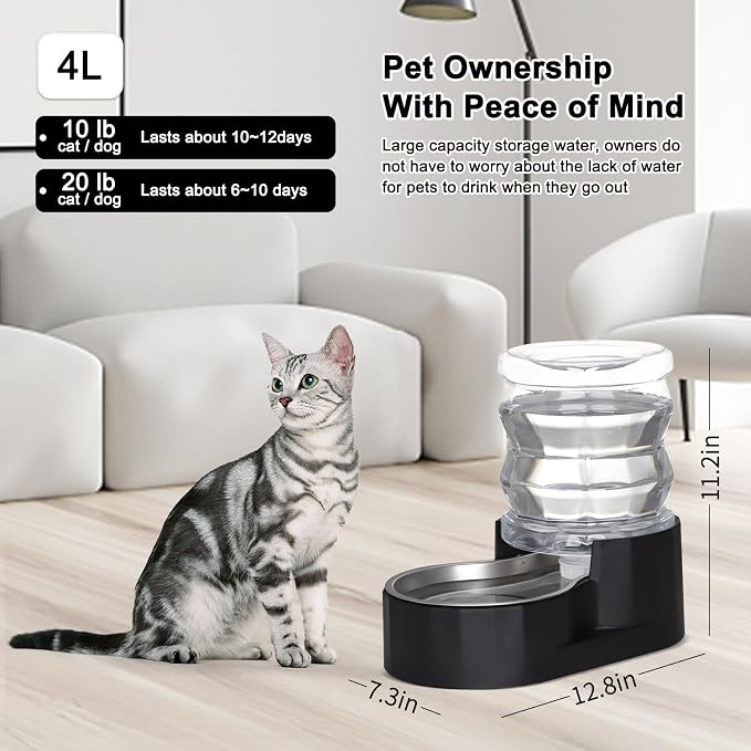 RIZZARI Automatic Gravity Pet Waterer Dispenser : 4L Black Stainless Steel Bowl - Image 5
