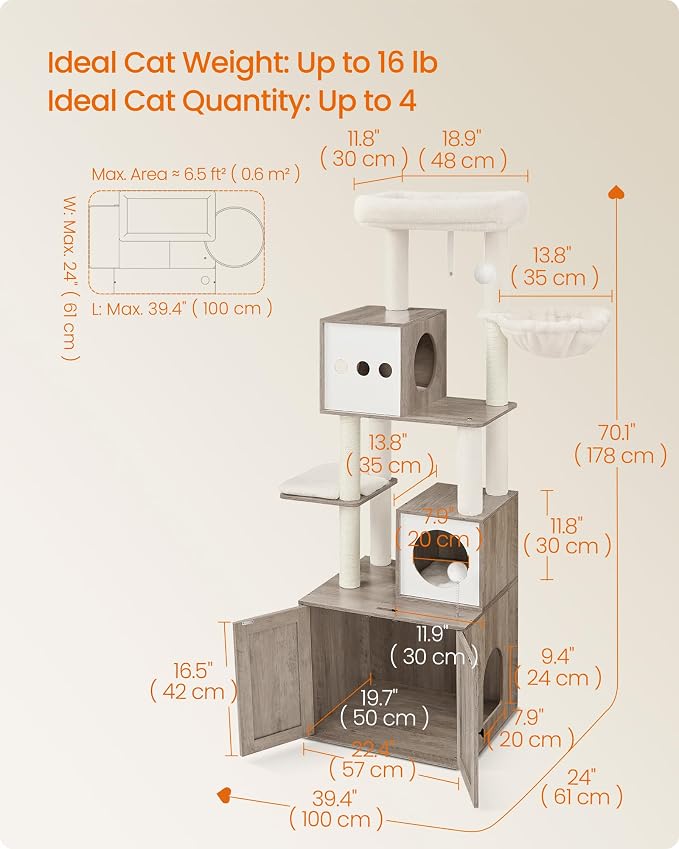 Feandrea Cat Tree with Litter Box Enclosure, 70.1-Inch Tall Cat Tower, 2-in-1 - Image 5