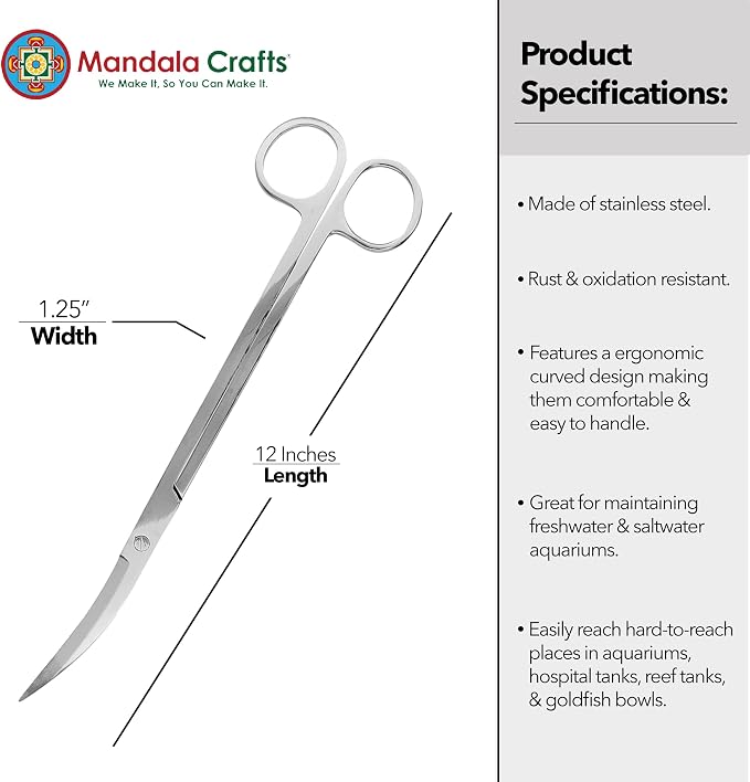 Mandala Crafts 12 Inches Silver Stainless Steel Curved Aquarium Scissors - Image 3