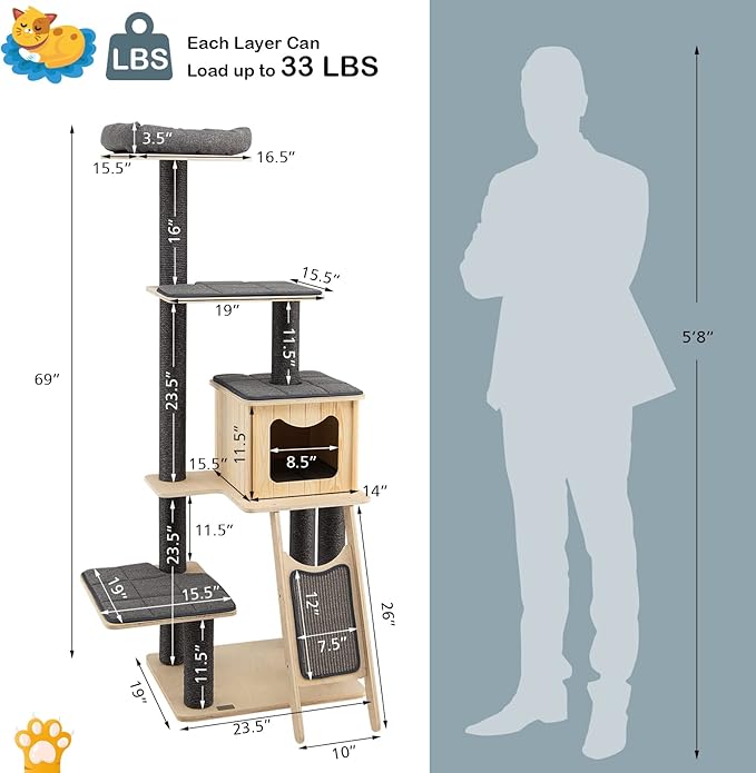 PETSITE 69-inch Tall Wooden Cat Tree Tower, Modern Cat Activity Center Tree - Image 6