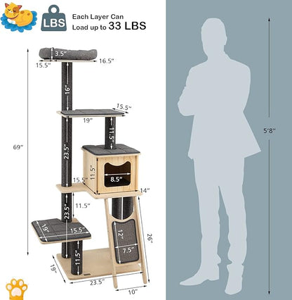 PETSITE 69-inch Tall Wooden Cat Tree Tower, Modern Cat Activity Center Tree - Image 6