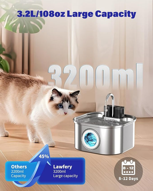 Wireless Cat Water Fountain Stainless Steel 3.2L/108oz, Battery Operated Pet - Image 2