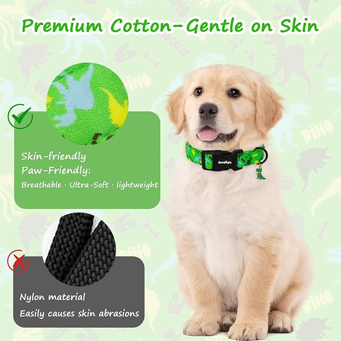 Dinosaur Dog Collar，Green with Multicolor Dino Pattern Handmade Cotton Collar - Image 6