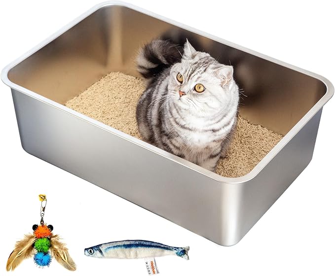 XXL Stainless Steel Cat Litter Box, Includes Catnip Fish Toy & Wand Feather Toy - Image 6