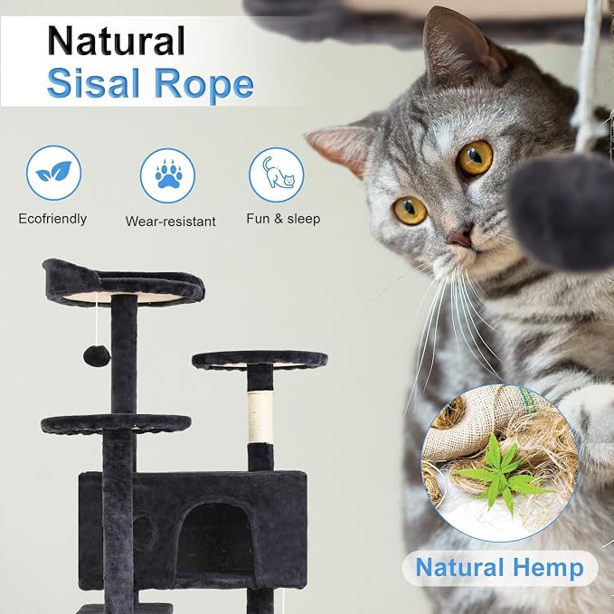 FDW | 54" Cat Tree Tower | Dark Gray | Multi-Level Indoor Activity Center - Image 4