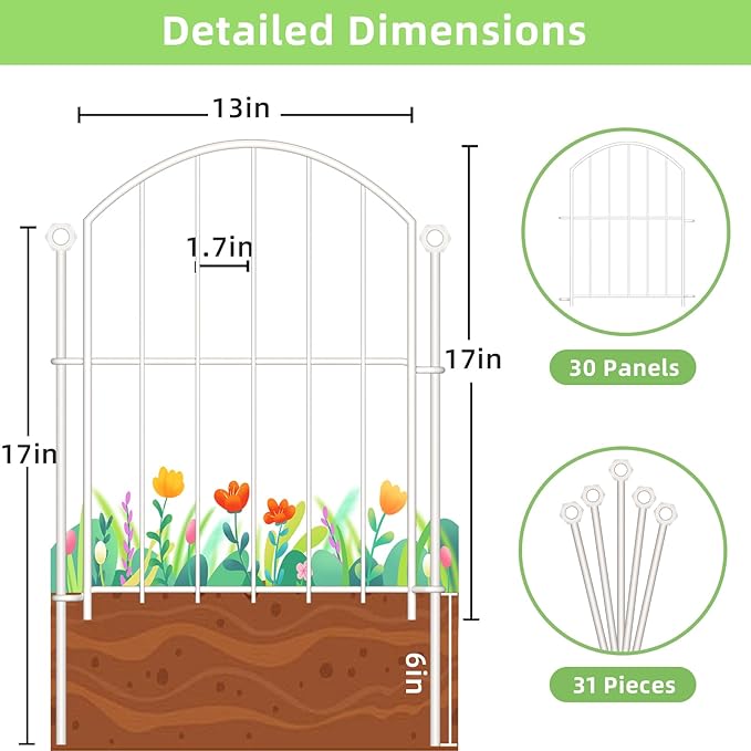 Decorative Garden Fence 17in x30ft, 30 Pack Rustproof Metal No Dig Fence Animal - Image 9