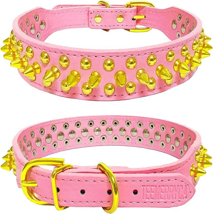 TEEMERRYCA Pink Leather Gold Spiked Studded Dog Collar - Image 2